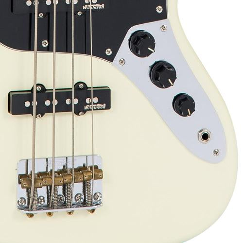 Vintage VJ74MVW ReIssued Maple Fingerboard Bass Guitar ~ Vintage White - Aron Soitin