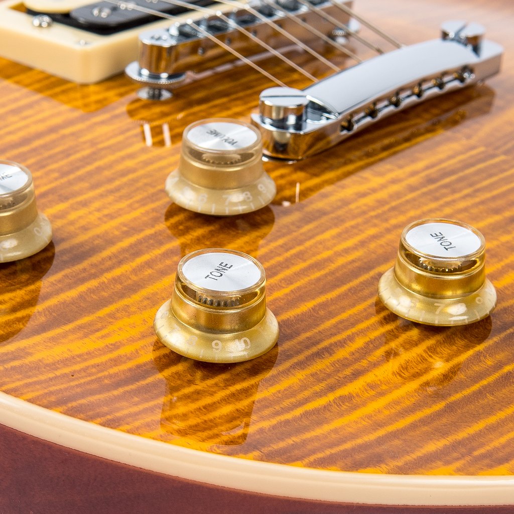 Vintage LV100AFD Les Paul Flamed Amber vasenkätinen sähkökitara - Aron Soitin