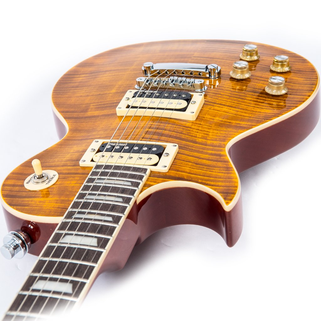 Vintage LV100AFD Les Paul Flamed Amber vasenkätinen sähkökitara - Aron Soitin