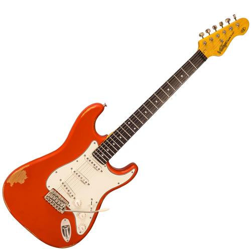 Vintage V6MRFR ICON Electric Guitar ~ Distressed Firenza Red - Aron Soitin