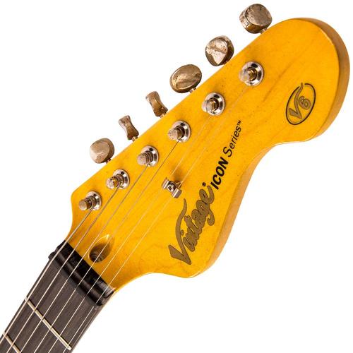 Vintage V6MRFR ICON Electric Guitar ~ Distressed Firenza Red - Aron Soitin