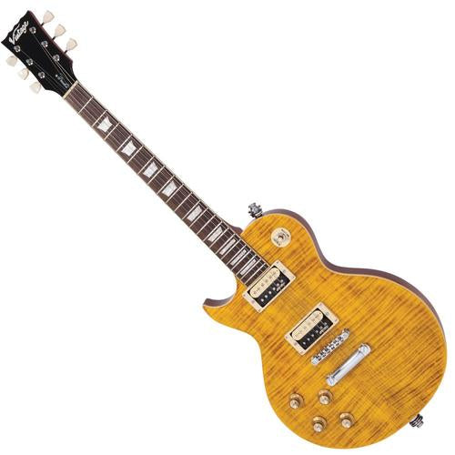 Vintage LV100AFD Les Paul Flamed Amber vasenkätinen sähkökitara - Aron Soitin