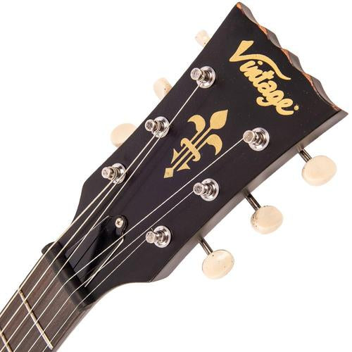Vintage V120MRBK Icon Les Paul Distressed Black Over Cherry Red sähkökitara - Aron Soitin
