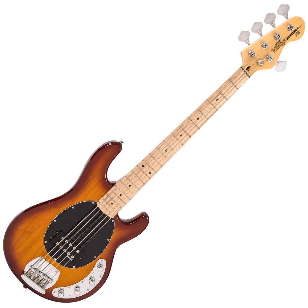 Vintage V965TSB ReIssued 5-String Active Bass ~ Flamed Tobacco Sunburst - Aron Soitin