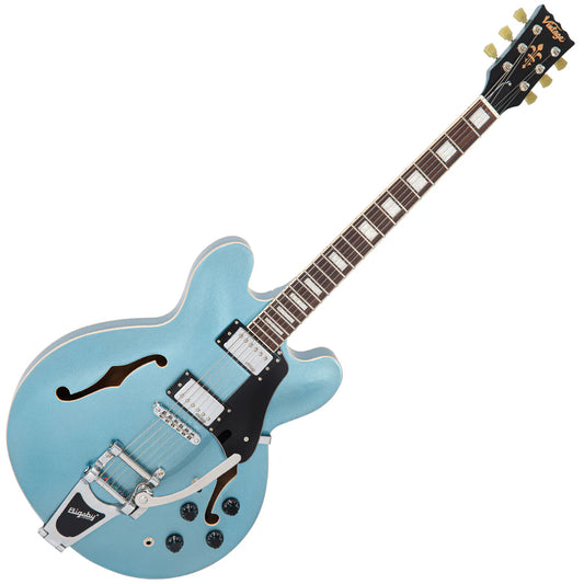 Vintage VSA500B ReIssued Semi Acoustic Guitar w/Bigsby ~ Gun Hill Blue - Aron Soitin