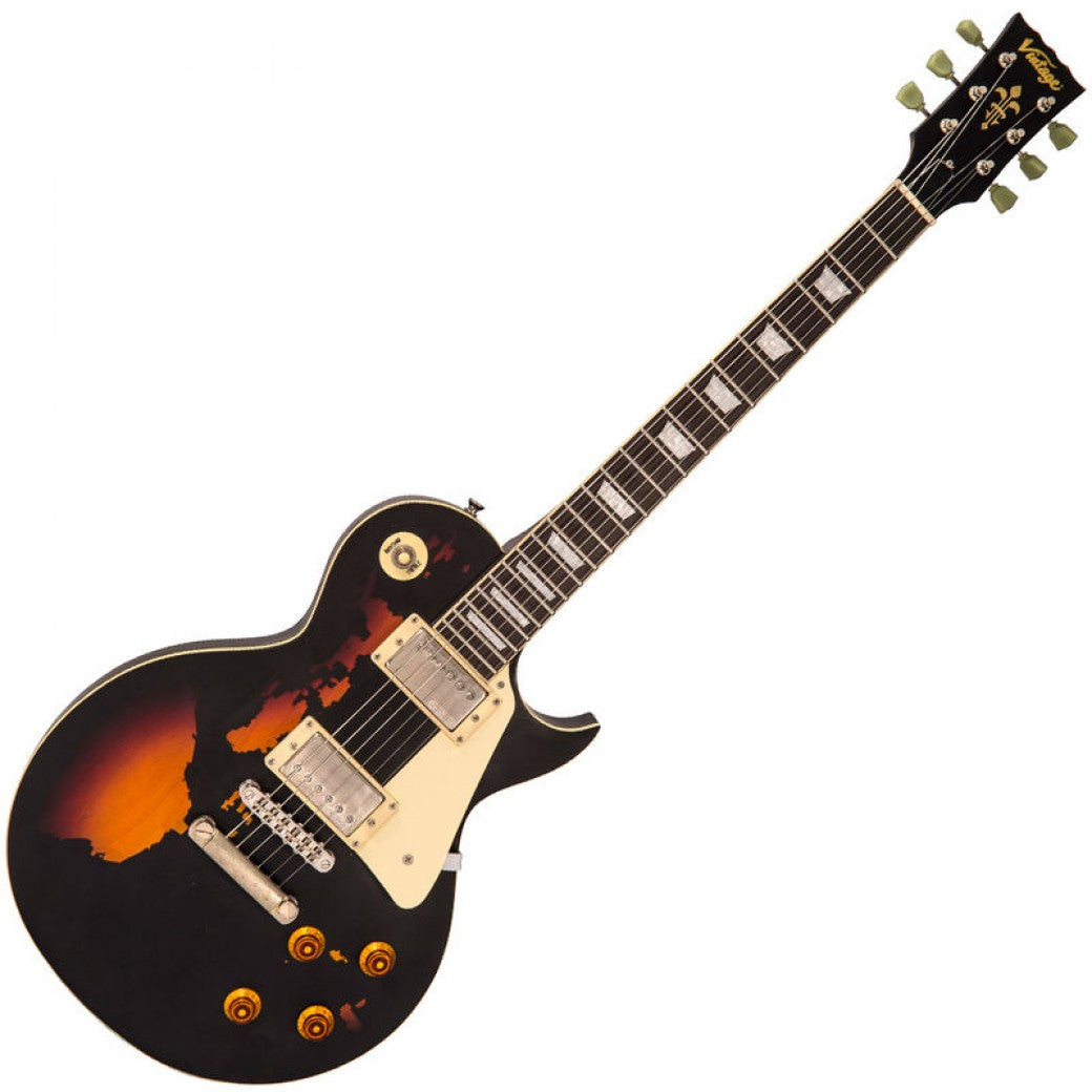 Vintage V100 ICON Electric Guitar ~ Distressed Black Over Sunburst - Aron Soitin