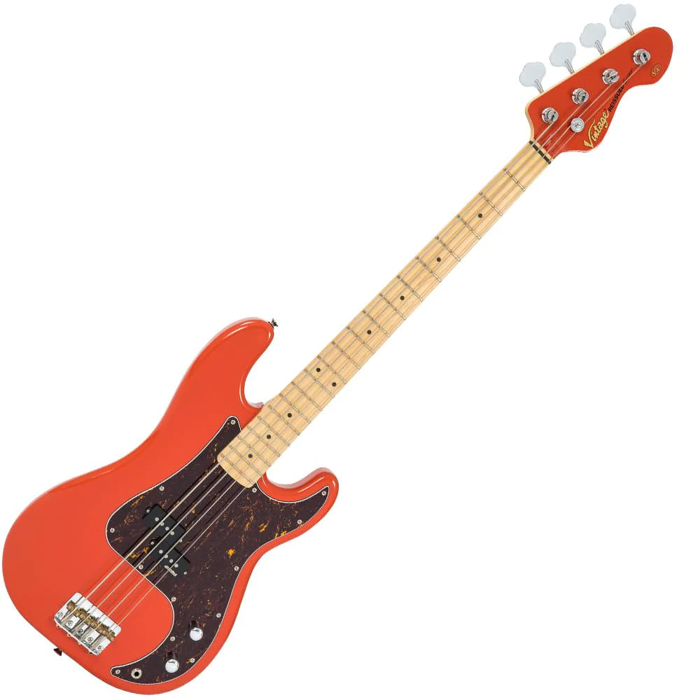 Vintage V4 ReIssued Maple Fingerboard Bass Guitar ~ Firenza Red - Aron Soitin