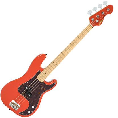 Vintage V4 ReIssued Maple Fingerboard Bass Guitar ~ Firenza Red - Aron Soitin