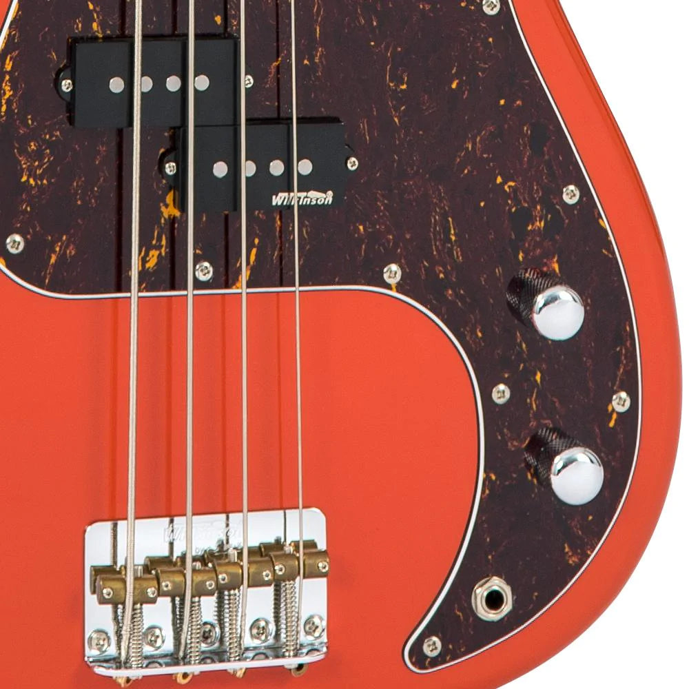 Vintage V4 ReIssued Maple Fingerboard Bass Guitar ~ Firenza Red - Aron Soitin