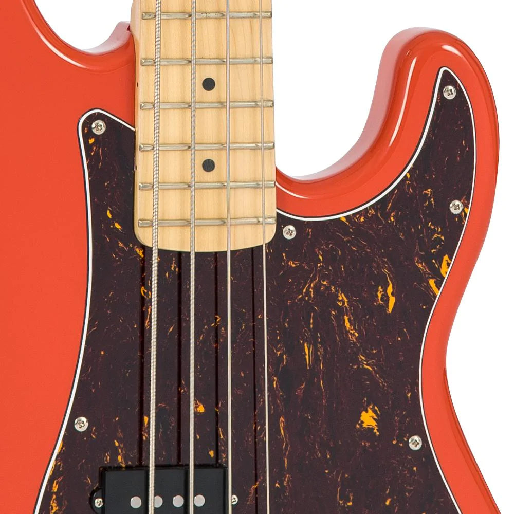 Vintage V4 ReIssued Maple Fingerboard Bass Guitar ~ Firenza Red - Aron Soitin