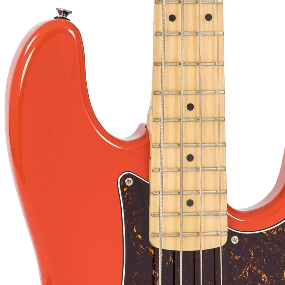 Vintage V4 ReIssued Maple Fingerboard Bass Guitar ~ Firenza Red - Aron Soitin