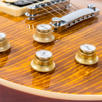 Vintage LV100AFD Les Paul Flamed Amber vasenkätinen sähkökitara - Aron Soitin