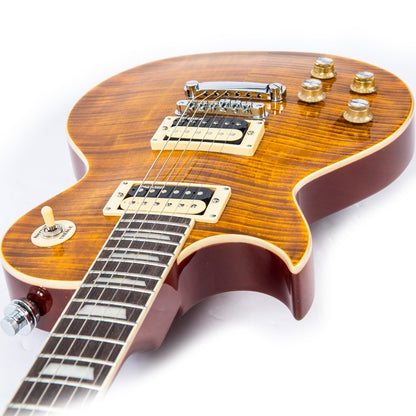 Vintage LV100AFD Les Paul Flamed Amber vasenkätinen sähkökitara - Aron Soitin