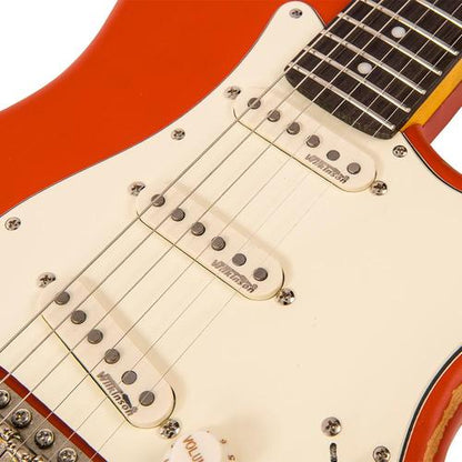 Vintage V6MRFR ICON Electric Guitar ~ Distressed Firenza Red - Aron Soitin