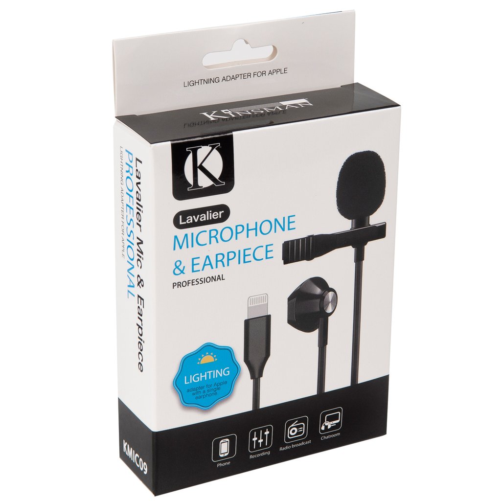 Kinsman KMIC09 Clip-On lavalier-mikrofoni kuulokkeella ja Lightning-liittimellä - Aron Soitin